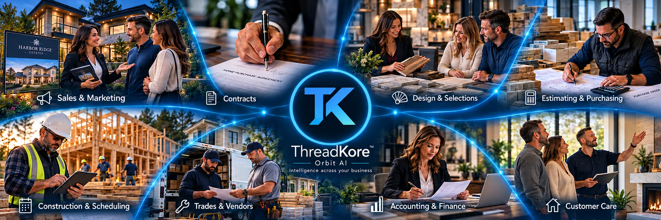 ThreadKore and Orbit AI connect sales and marketing, contracts, design and selections, estimating and purchasing, construction and scheduling, trades and vendors, accounting and finance, and customer care.