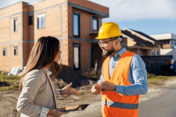 Construction manager discussing build progress and scheduling updates on a residential jobsite.