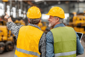 Two senior construction professionals reviewing site progress inside an active industrial facility.