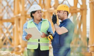 Construction supervisor and field worker discussing site updates using clipboard and radio.