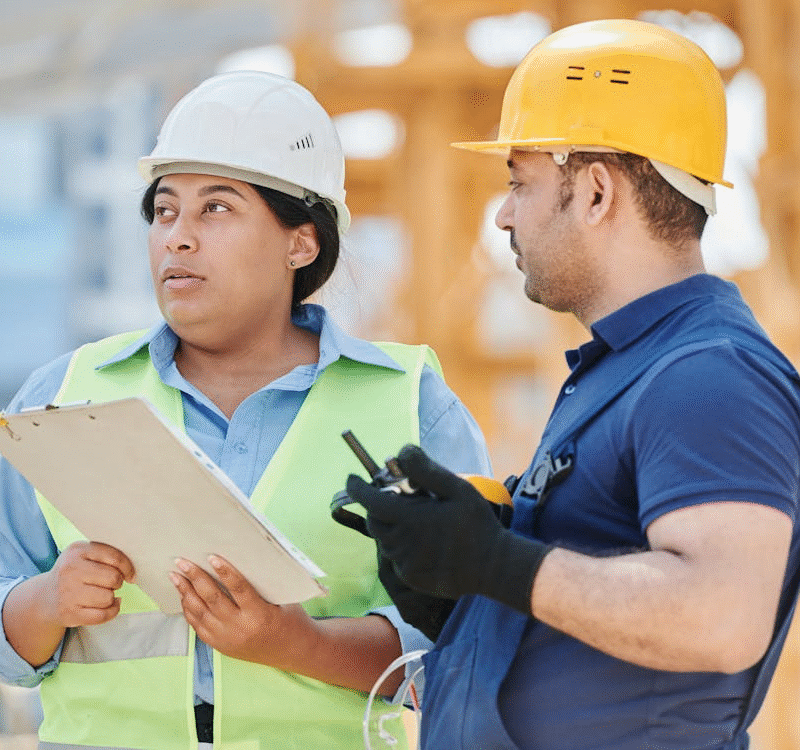 Construction site supervisor and project manager reviewing plans on-site, illustrating how construction accounting services align field activity with real-time cost tracking and construction management services.