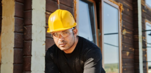 Home builder in hard hat reviewing construction progress on-site while managing financial oversight and construction cash flow pressures.