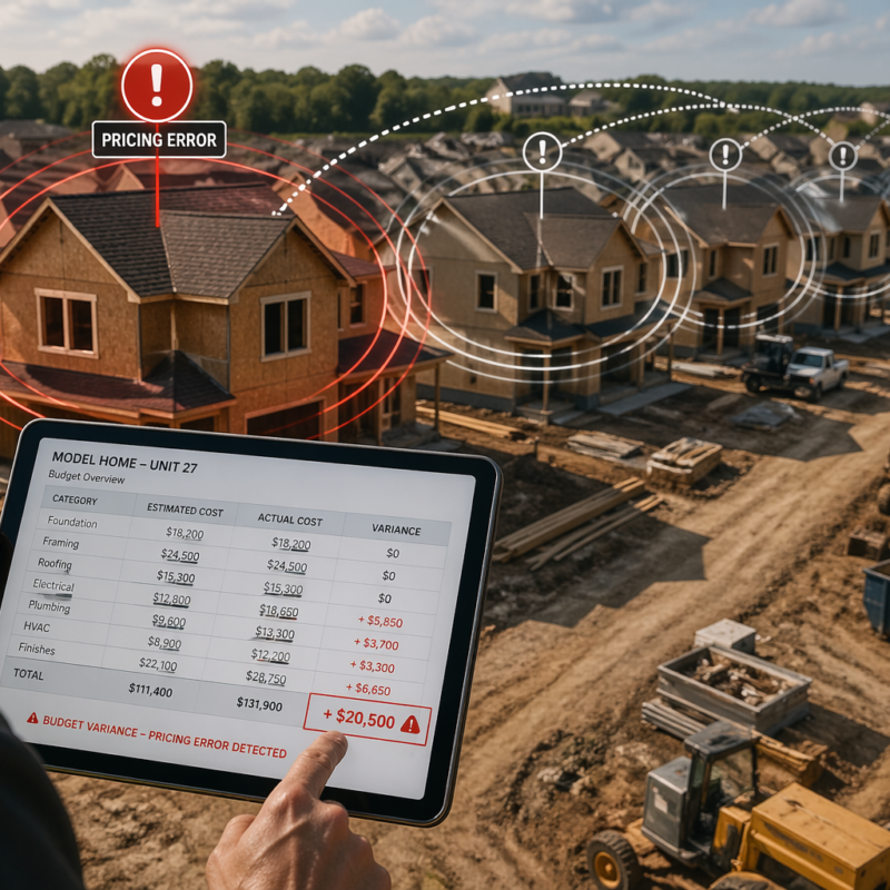 Construction manager reviewing pricing variance data on a tablet at a large residential homebuilding site, highlighting how one model home pricing error impacted costs across an entire housing community.