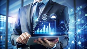 Business professional reviewing real-time digital dashboards and connected project data, representing unified construction operations, faster decision-making, improved visibility, and the elimination of costly data conflicts across teams.